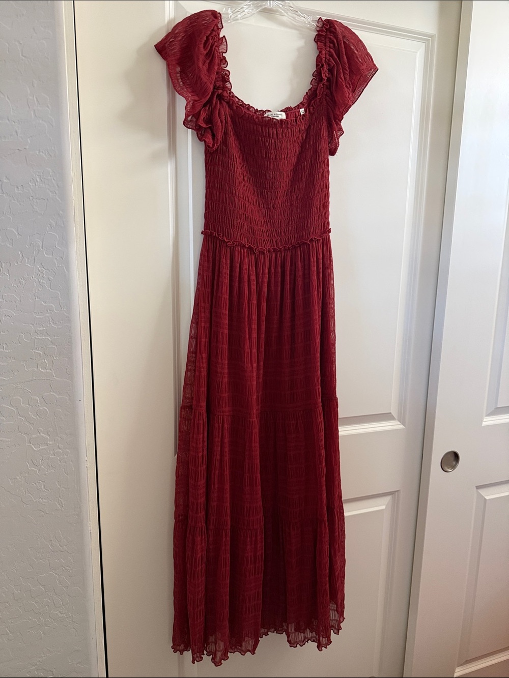 Max Studio Burgundy Smocked Maxi Dress with Ruffle Sleeves
